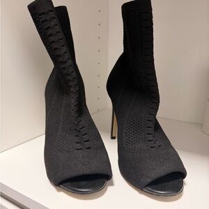 Black Peep-Toe Knit Ankle Boots